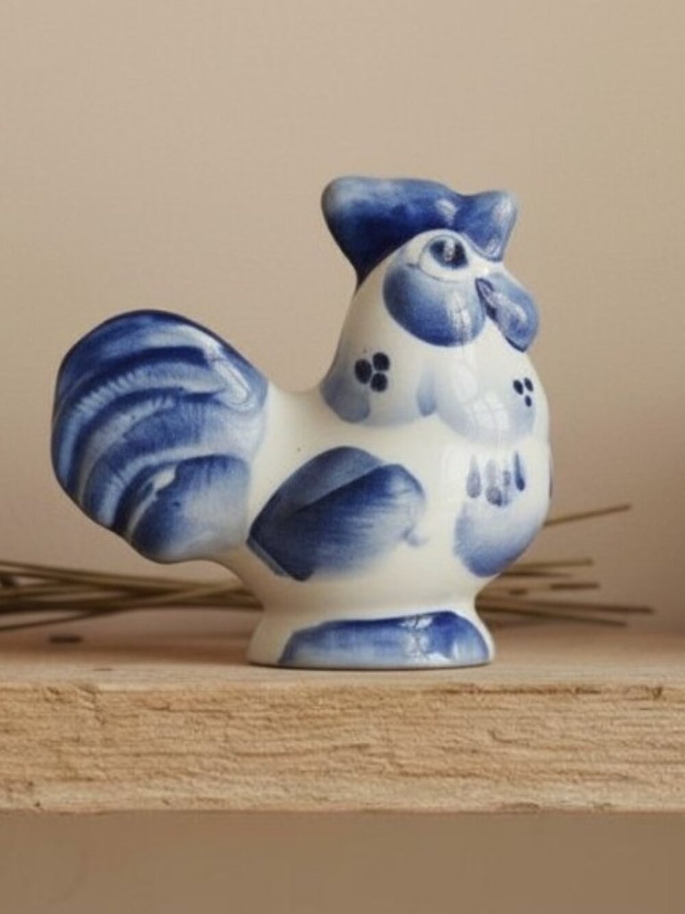 Gzhel Porcelain Rooster Figurine Hand Painted Cobalt Blue White Made in Russia